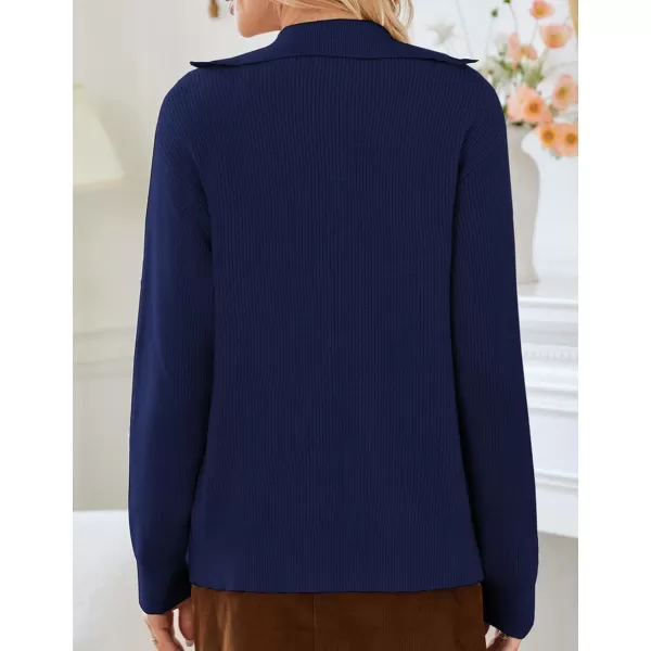 imageGRACE KARIN Womens 2024 Zip Up Cardigan Sweater Lapel Ribbed Knit Long Sleeve Sweater Jacket with Pockets Warm OutwearNavy Blue