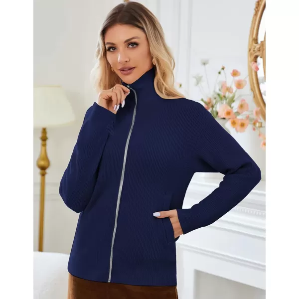 imageGRACE KARIN Womens 2024 Zip Up Cardigan Sweater Lapel Ribbed Knit Long Sleeve Sweater Jacket with Pockets Warm OutwearNavy Blue