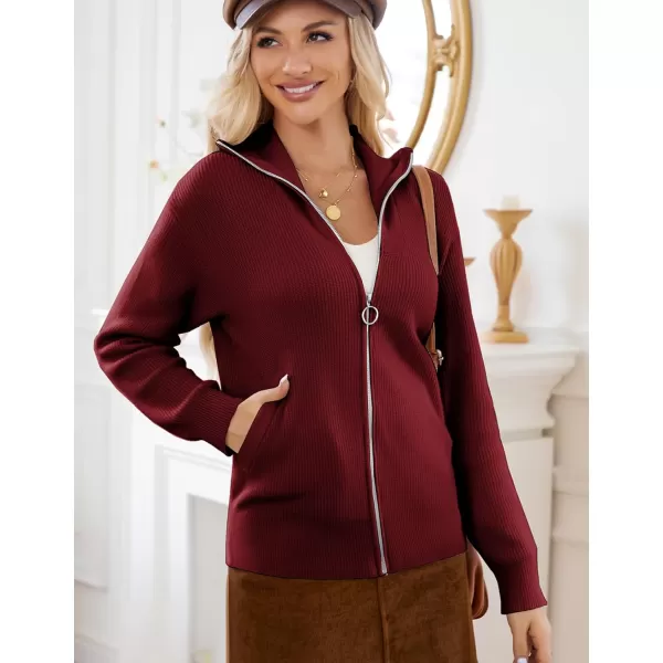 imageGRACE KARIN Womens 2024 Zip Up Cardigan Sweater Lapel Ribbed Knit Long Sleeve Sweater Jacket with Pockets Warm OutwearRed