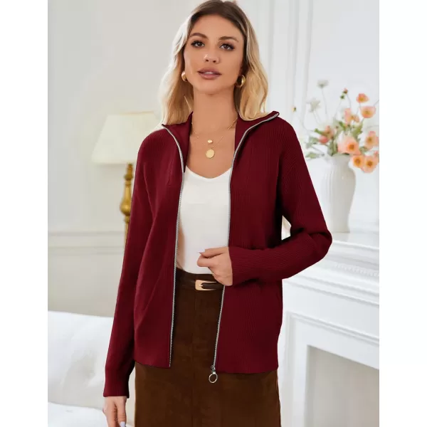 imageGRACE KARIN Womens 2024 Zip Up Cardigan Sweater Lapel Ribbed Knit Long Sleeve Sweater Jacket with Pockets Warm OutwearRed