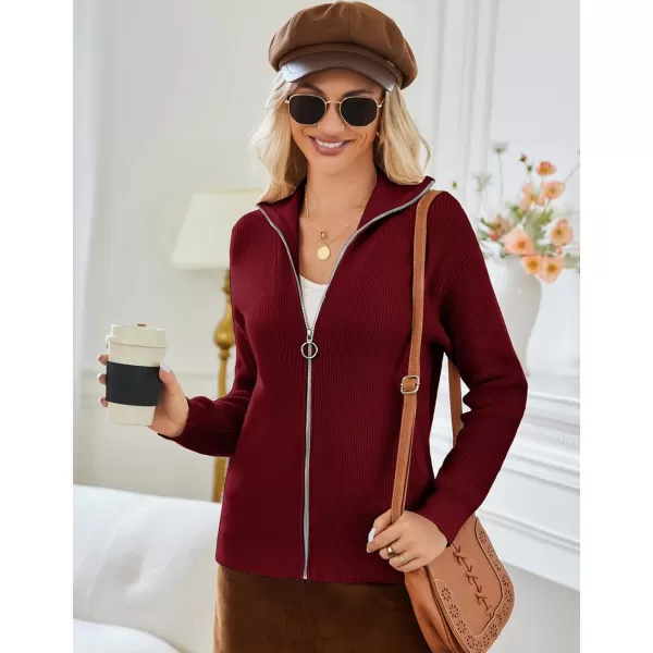 imageGRACE KARIN Womens 2024 Zip Up Cardigan Sweater Lapel Ribbed Knit Long Sleeve Sweater Jacket with Pockets Warm OutwearRed