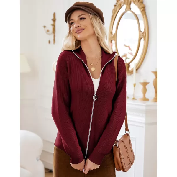 imageGRACE KARIN Womens 2024 Zip Up Cardigan Sweater Lapel Ribbed Knit Long Sleeve Sweater Jacket with Pockets Warm OutwearRed