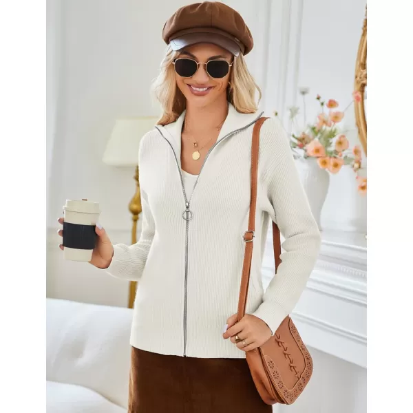 imageGRACE KARIN Womens 2024 Zip Up Cardigan Sweater Lapel Ribbed Knit Long Sleeve Sweater Jacket with Pockets Warm OutwearWhite