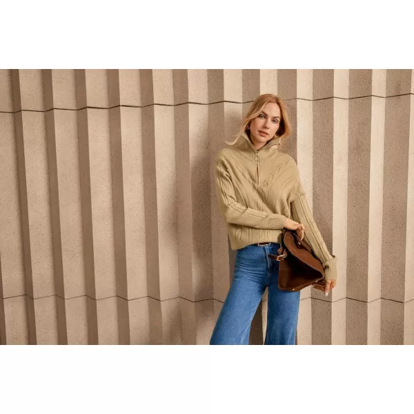 imageGRACE KARIN Womens Fall Quarter Zip Pullover Sweaters V Neck Collared 2024 Long Sleeve Cable Knitted Casual Old Money TopsKhaki