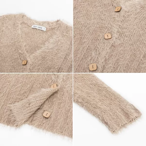 imageGRACE KARIN Womens Fuzzy Cardigan Long Sleeve Open Front VNeck Button Down Loose Knit Sweater Outwear CoatApricot