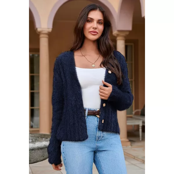 imageGRACE KARIN Womens Fuzzy Cardigan Long Sleeve Open Front VNeck Button Down Loose Knit Sweater Outwear CoatNavy