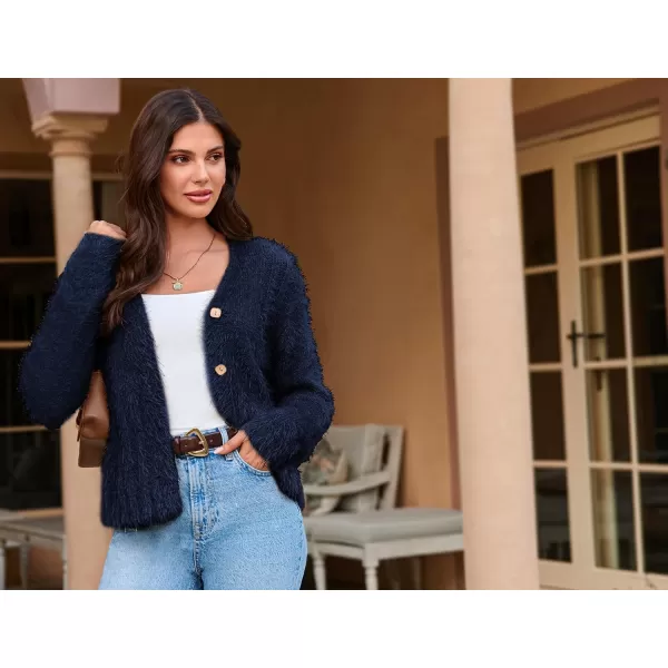 imageGRACE KARIN Womens Fuzzy Cardigan Long Sleeve Open Front VNeck Button Down Loose Knit Sweater Outwear CoatNavy