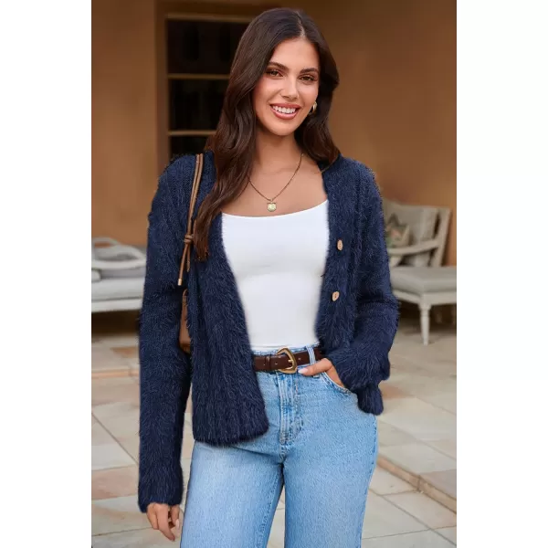 imageGRACE KARIN Womens Fuzzy Cardigan Long Sleeve Open Front VNeck Button Down Loose Knit Sweater Outwear CoatNavy