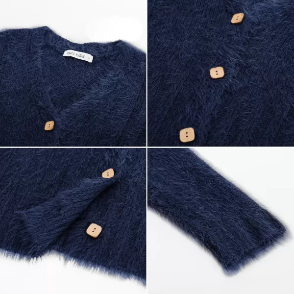 imageGRACE KARIN Womens Fuzzy Cardigan Long Sleeve Open Front VNeck Button Down Loose Knit Sweater Outwear CoatNavy