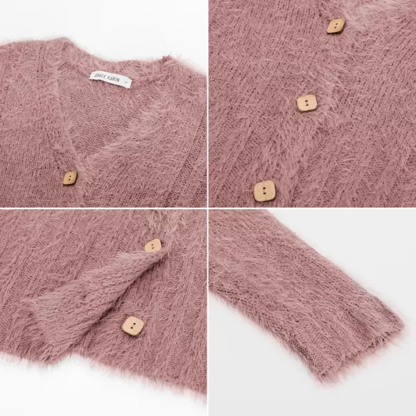 imageGRACE KARIN Womens Fuzzy Cardigan Long Sleeve Open Front VNeck Button Down Loose Knit Sweater Outwear CoatPink