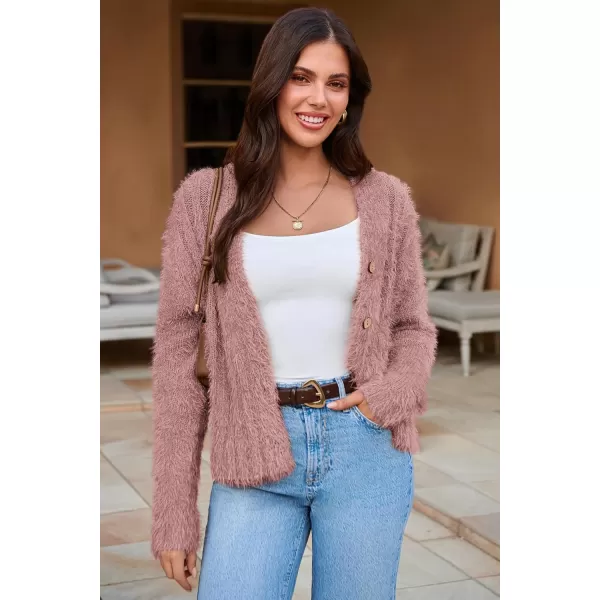 imageGRACE KARIN Womens Fuzzy Cardigan Long Sleeve Open Front VNeck Button Down Loose Knit Sweater Outwear CoatPink