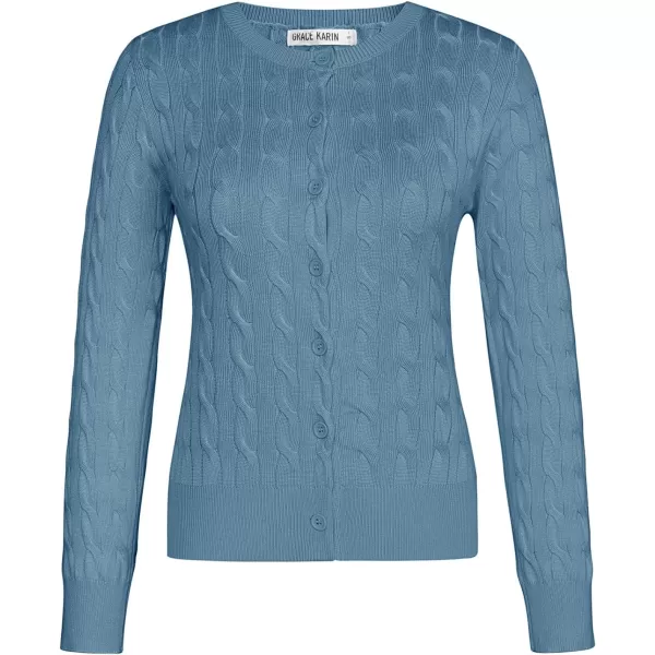 imageGRACE KARIN Womens Long Sleeve Button Down Cable Knit Cardigan Lightweight Crewneck Button Sweater Jacket for WomenBlue Gray
