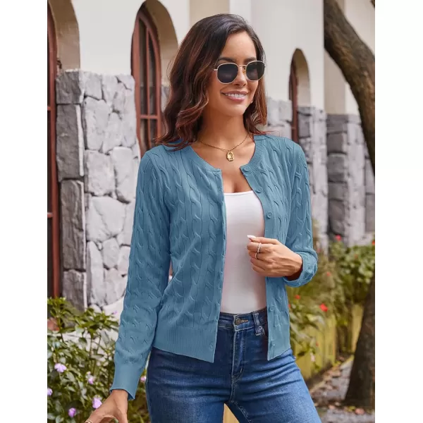 imageGRACE KARIN Womens Long Sleeve Button Down Cable Knit Cardigan Lightweight Crewneck Button Sweater Jacket for WomenBlue Gray