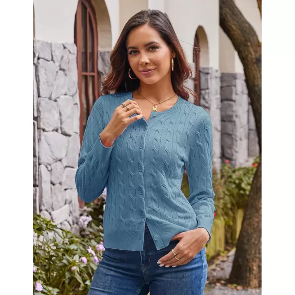 imageGRACE KARIN Womens Long Sleeve Button Down Cable Knit Cardigan Lightweight Crewneck Button Sweater Jacket for WomenBlue Gray