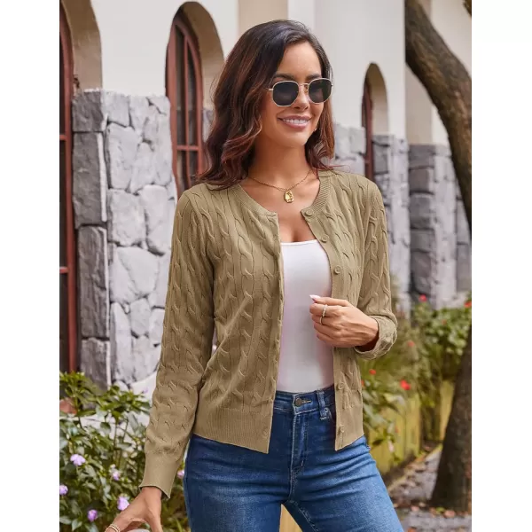 imageGRACE KARIN Womens Long Sleeve Button Down Cable Knit Cardigan Lightweight Crewneck Button Sweater Jacket for WomenKhaki