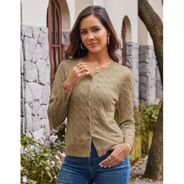 imageGRACE KARIN Womens Long Sleeve Button Down Cable Knit Cardigan Lightweight Crewneck Button Sweater Jacket for WomenKhaki