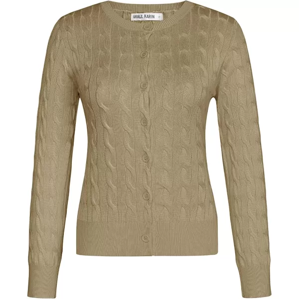 imageGRACE KARIN Womens Long Sleeve Button Down Cable Knit Cardigan Lightweight Crewneck Button Sweater Jacket for WomenKhaki