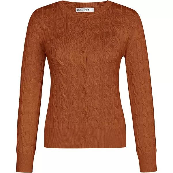 imageGRACE KARIN Womens Long Sleeve Button Down Cable Knit Cardigan Lightweight Crewneck Button Sweater Jacket for WomenOrange Brown