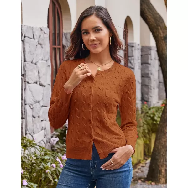 imageGRACE KARIN Womens Long Sleeve Button Down Cable Knit Cardigan Lightweight Crewneck Button Sweater Jacket for WomenOrange Brown