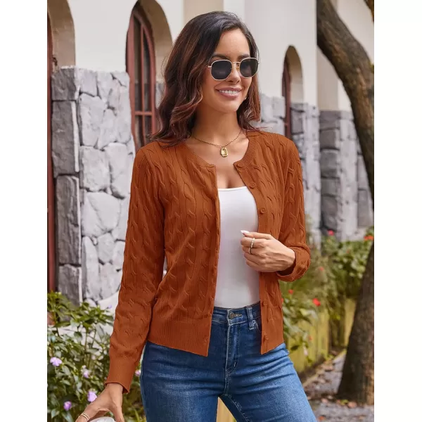 imageGRACE KARIN Womens Long Sleeve Button Down Cable Knit Cardigan Lightweight Crewneck Button Sweater Jacket for WomenOrange Brown