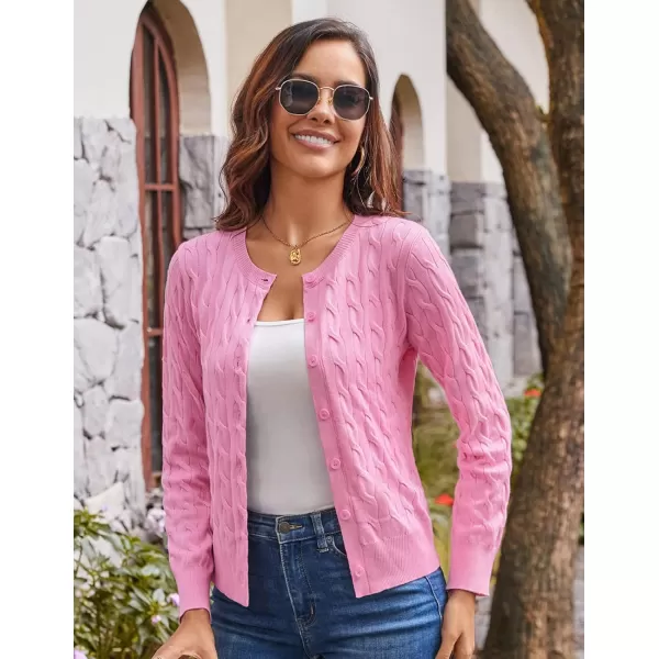 imageGRACE KARIN Womens Long Sleeve Button Down Cable Knit Cardigan Lightweight Crewneck Button Sweater Jacket for WomenPink