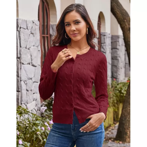 imageGRACE KARIN Womens Long Sleeve Button Down Cable Knit Cardigan Lightweight Crewneck Button Sweater Jacket for WomenWine Red
