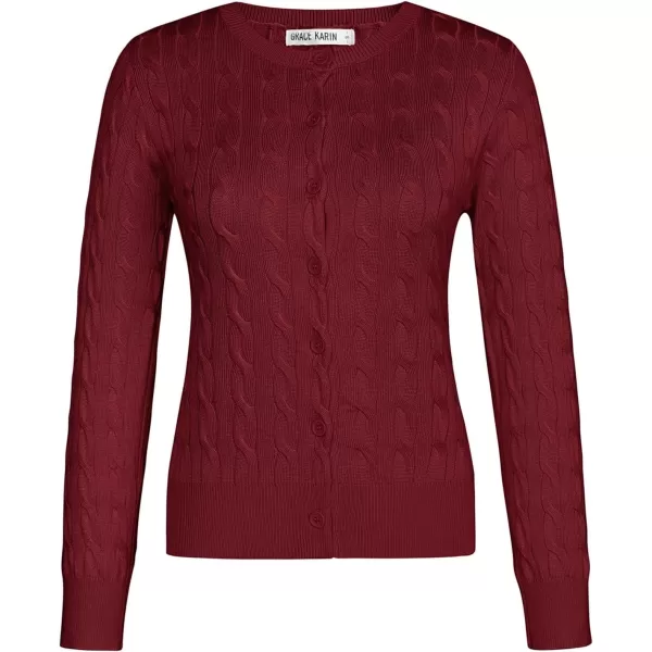 imageGRACE KARIN Womens Long Sleeve Button Down Cable Knit Cardigan Lightweight Crewneck Button Sweater Jacket for WomenWine Red