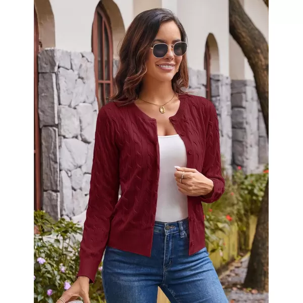 imageGRACE KARIN Womens Long Sleeve Button Down Cable Knit Cardigan Lightweight Crewneck Button Sweater Jacket for WomenWine Red