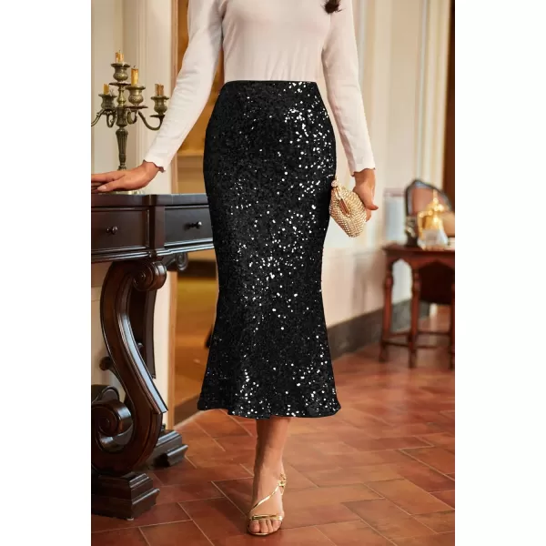 imageGRACE KARIN Womens Sequin Skirt Elastic High Waist Ruffled Hem Night Out Party Bodycon Midi SkirtBlack