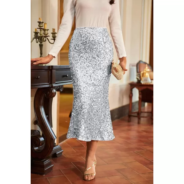 imageGRACE KARIN Womens Sequin Skirt Elastic High Waist Ruffled Hem Night Out Party Bodycon Midi SkirtSilver