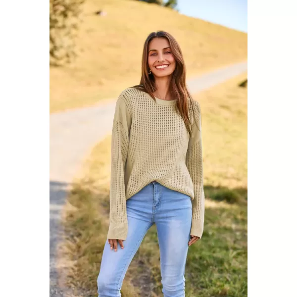 imageGRACE KARIN Womens Sweater 2024 Casual Loose Crew Neck Long Sleeve Crochet Fall Pullover Sweater TopLight Khaki