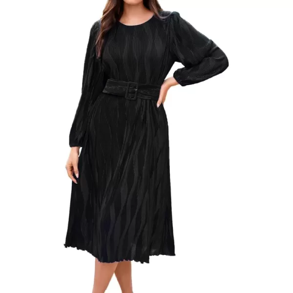 imageGRACE KARIN 2024 Womens Fall Textured Aline Dress Flowy Casual Crewneck Drape Dress Long Sleeve Midi Dress with BeltBlack