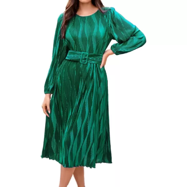 imageGRACE KARIN 2024 Womens Fall Textured Aline Dress Flowy Casual Crewneck Drape Dress Long Sleeve Midi Dress with BeltDark Green