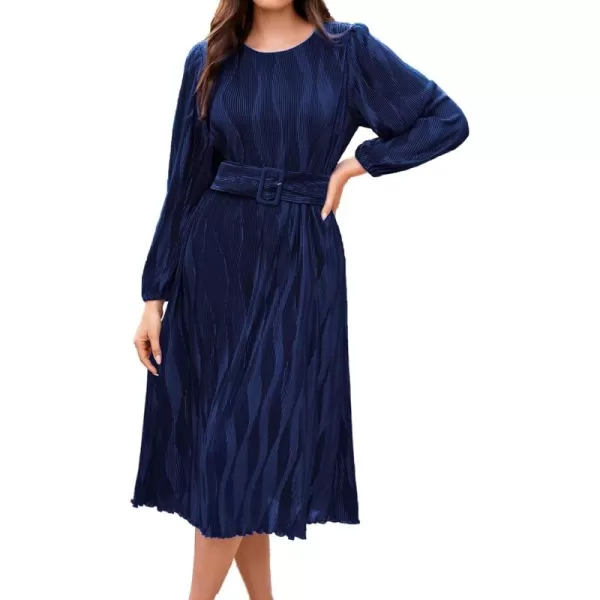 imageGRACE KARIN 2024 Womens Fall Textured Aline Dress Flowy Casual Crewneck Drape Dress Long Sleeve Midi Dress with BeltNavy Blue