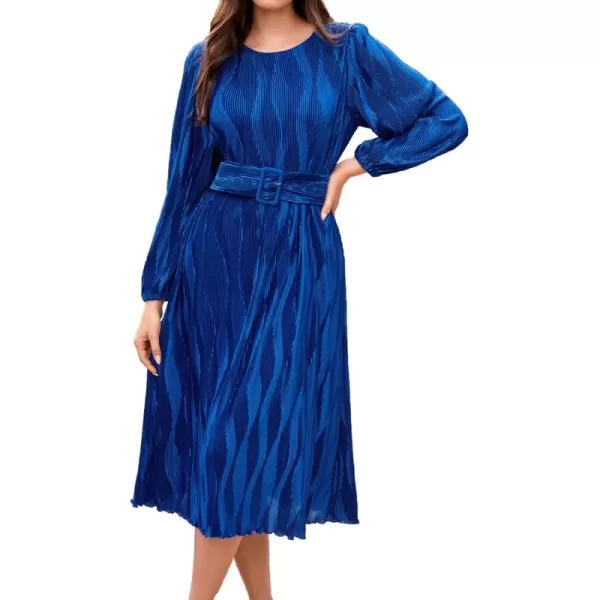 imageGRACE KARIN 2024 Womens Fall Textured Aline Dress Flowy Casual Crewneck Drape Dress Long Sleeve Midi Dress with BeltRoyal Blue