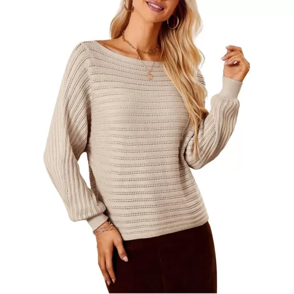 imageGRACE KARIN Fall Sweaters for Women 2024 Boat Neck Striped Crochet Pullover Sweater Knitted Batwing Long Sleeve Casual TopsApricot