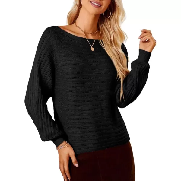 imageGRACE KARIN Fall Sweaters for Women 2024 Boat Neck Striped Crochet Pullover Sweater Knitted Batwing Long Sleeve Casual TopsBlack