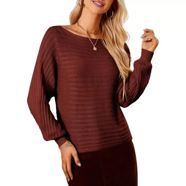 imageGRACE KARIN Fall Sweaters for Women 2024 Boat Neck Striped Crochet Pullover Sweater Knitted Batwing Long Sleeve Casual TopsBrown