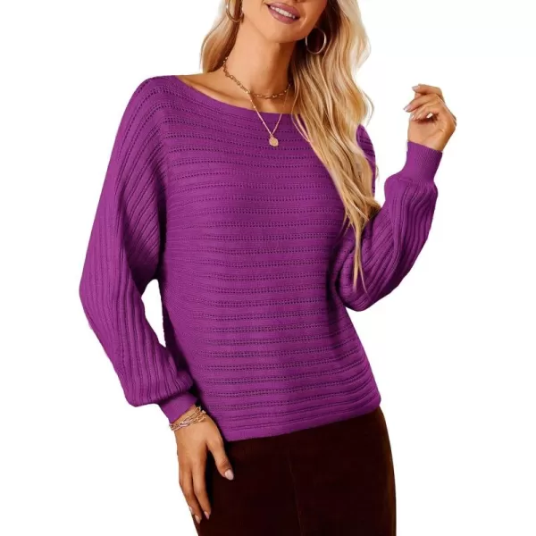 imageGRACE KARIN Fall Sweaters for Women 2024 Boat Neck Striped Crochet Pullover Sweater Knitted Batwing Long Sleeve Casual TopsPurple