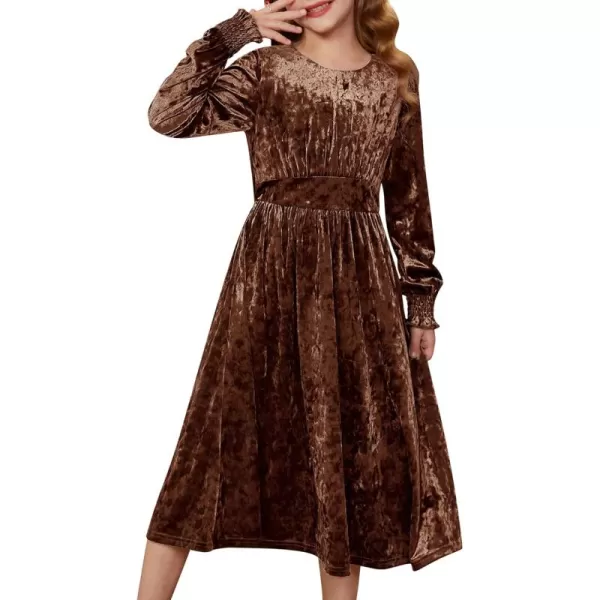 imageGRACE KARIN Girls Long Sleeve Velvet Dress Midi Fall Vintage Party Holiday Dresses for Kids 512YDark Brown