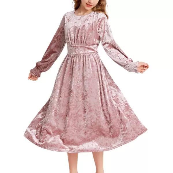 imageGRACE KARIN Girls Long Sleeve Velvet Dress Midi Fall Vintage Party Holiday Dresses for Kids 512YLight Pink