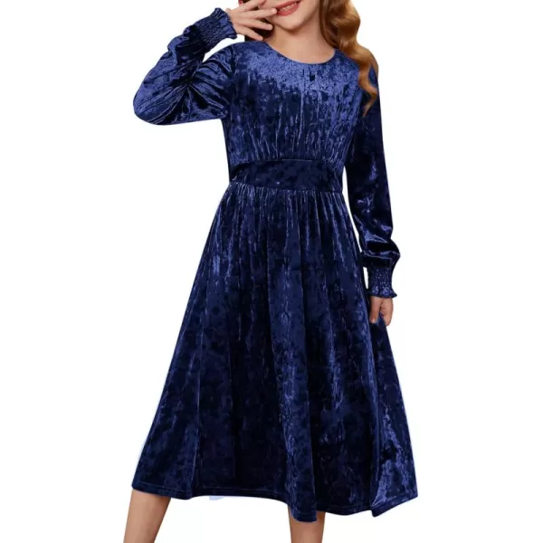 imageGRACE KARIN Girls Long Sleeve Velvet Dress Midi Fall Vintage Party Holiday Dresses for Kids 512YNavy Blue