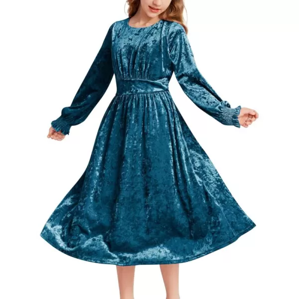 imageGRACE KARIN Girls Long Sleeve Velvet Dress Midi Fall Vintage Party Holiday Dresses for Kids 512YPeacock Blue