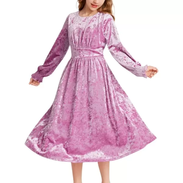 imageGRACE KARIN Girls Long Sleeve Velvet Dress Midi Fall Vintage Party Holiday Dresses for Kids 512YPink Purple