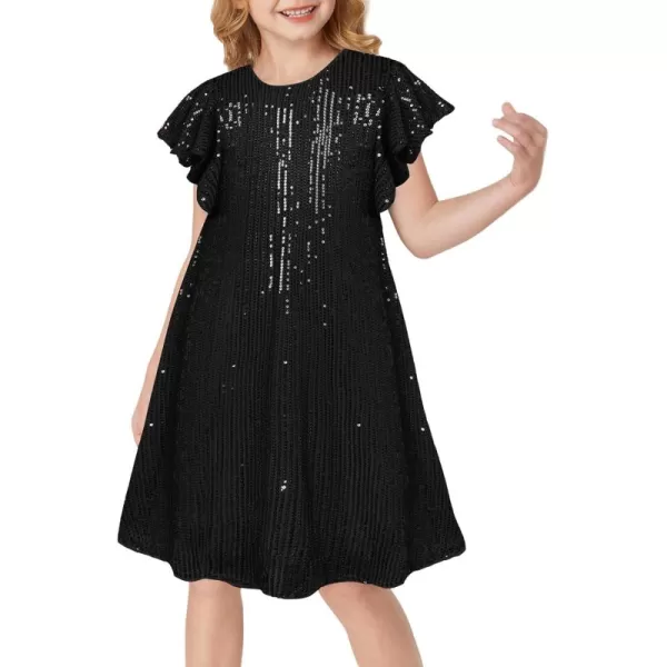 imageGRACE KARIN Girls Sequin Dress Short Flutter Sleeve Flare Silhouette Midi Dress with Hairbow 512YBlack