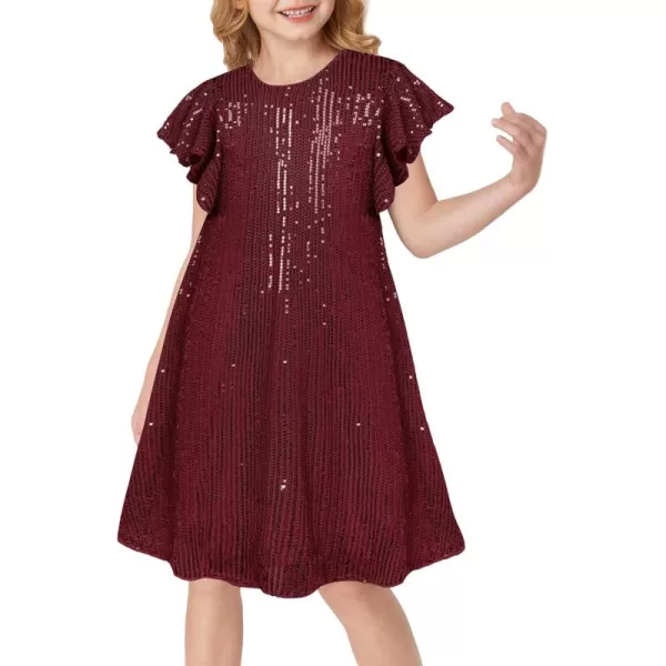 imageGRACE KARIN Girls Sequin Dress Short Flutter Sleeve Flare Silhouette Midi Dress with Hairbow 512YBurgundy