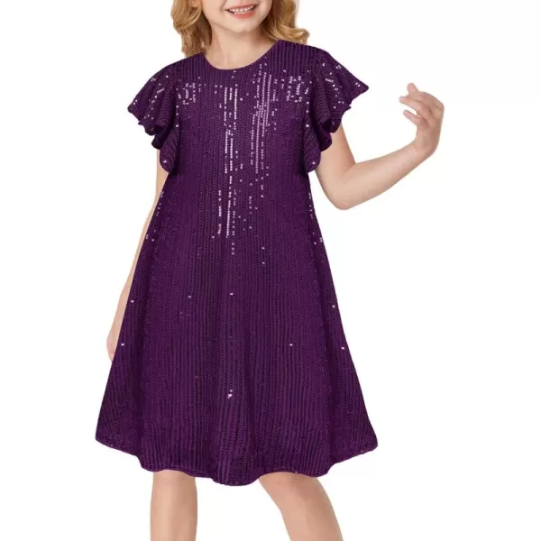 imageGRACE KARIN Girls Sequin Dress Short Flutter Sleeve Flare Silhouette Midi Dress with Hairbow 512YDark Purple