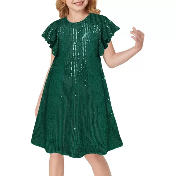 imageGRACE KARIN Girls Sequin Dress Short Flutter Sleeve Flare Silhouette Midi Dress with Hairbow 512YDark Teal