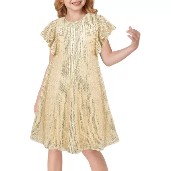 imageGRACE KARIN Girls Sequin Dress Short Flutter Sleeve Flare Silhouette Midi Dress with Hairbow 512YGold