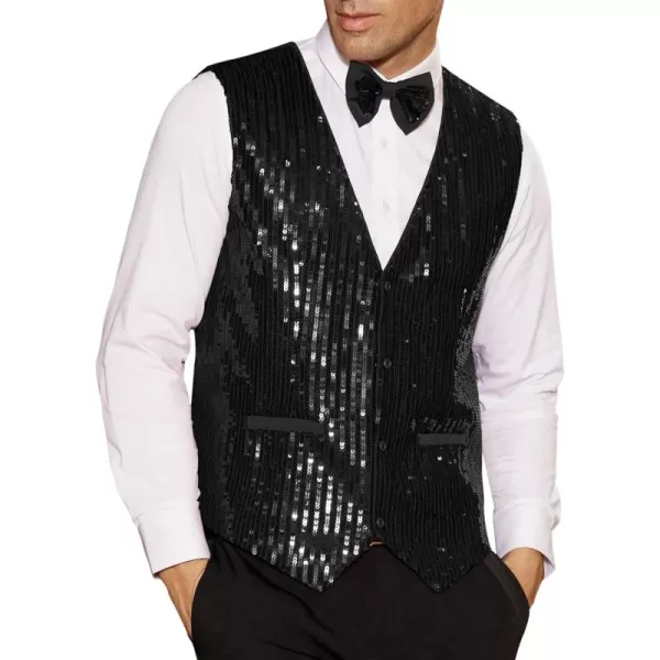 imageGRACE KARIN Mens Sequin Vest Slim Fit Shiny Dress Waistcoat Bowtie Set for Wedding Prom PartyBlack